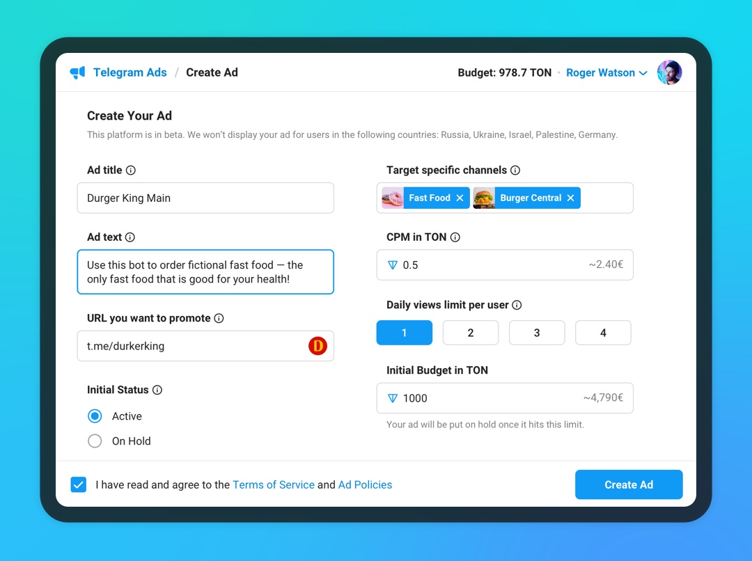 create ads on telegram