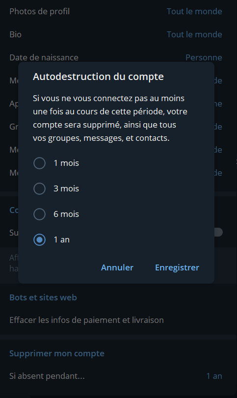 Effacer son compte telegram
